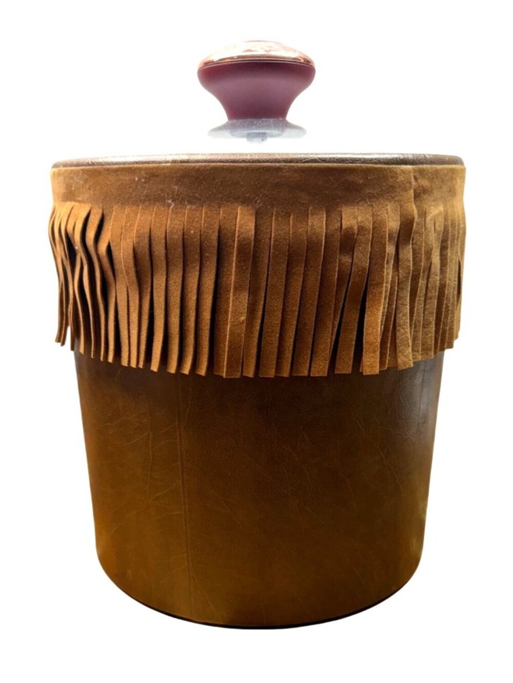 RARE!!  Vintage Western-Style Faux Leather Ice Bucket with Suede Fringe - Picture 2 of 14